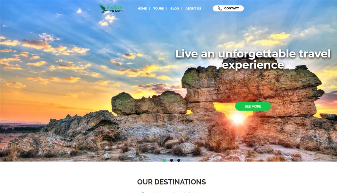 Screenshot of the Natura Travel website homepage